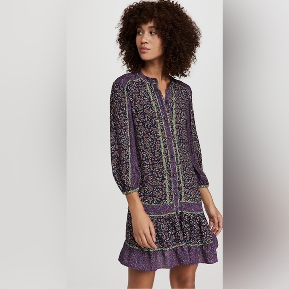 Veronica Beard Xanita Purple Blue Floral Mini 3/4 Sleeve Peasant Dress Size S - Picture 1 of 1